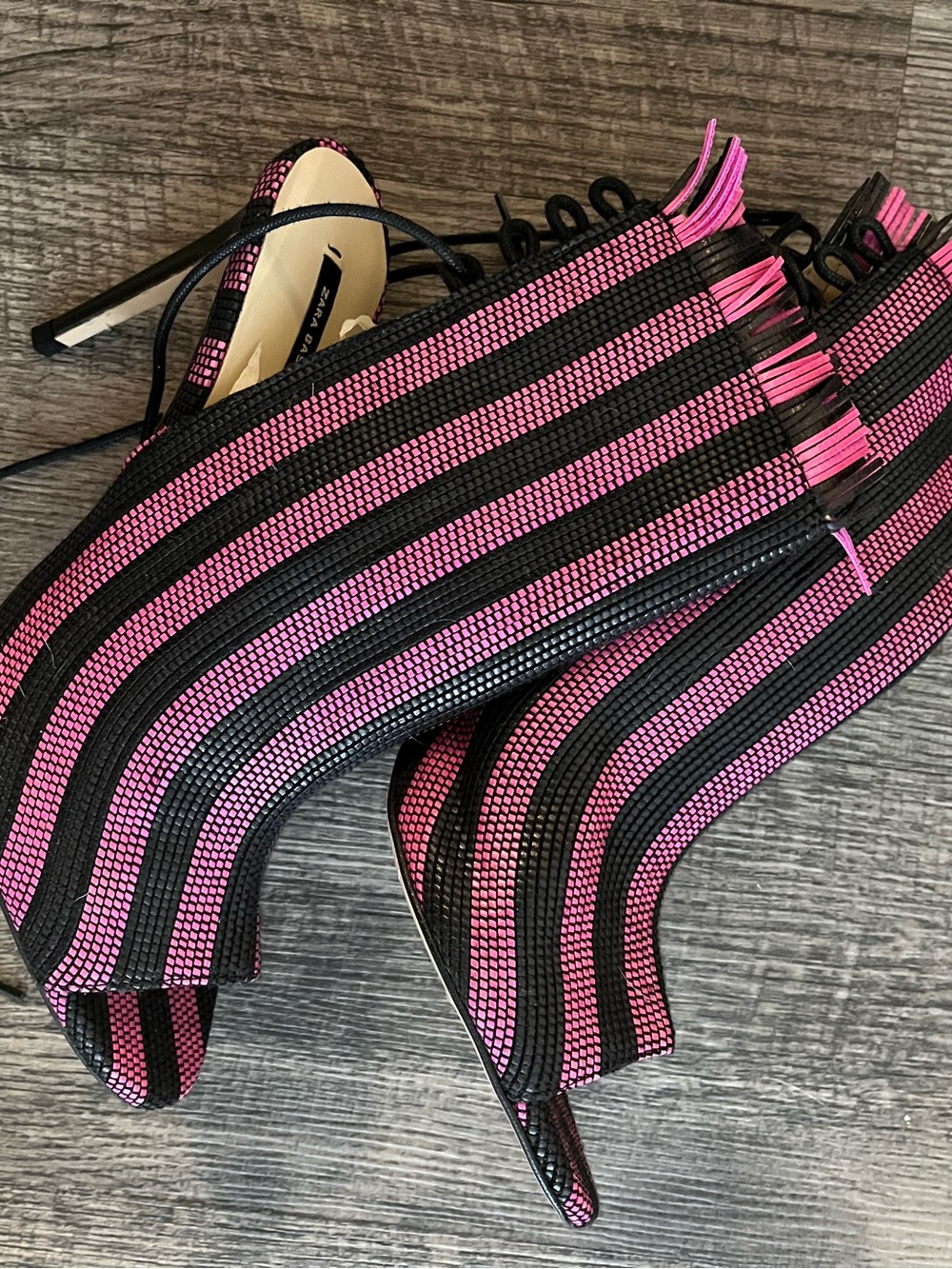 Zara Pink and Black Striped Fringe High Heel Sandals
